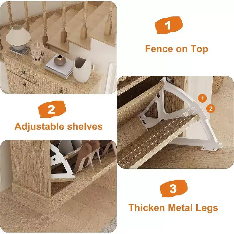 Armoire à chaussures étroite et cannelée 42, 2 tiroirs basculants et tiroir supérieur, profil incurvé, organisateur en bois pour entrée, couloir