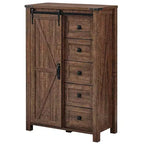 Commode haute moderne de style ferme à 5 tiroirs avec porte coulissante de style grange, organisateur de rangement pour chambre à coucher, salon et chambre d'enfant.