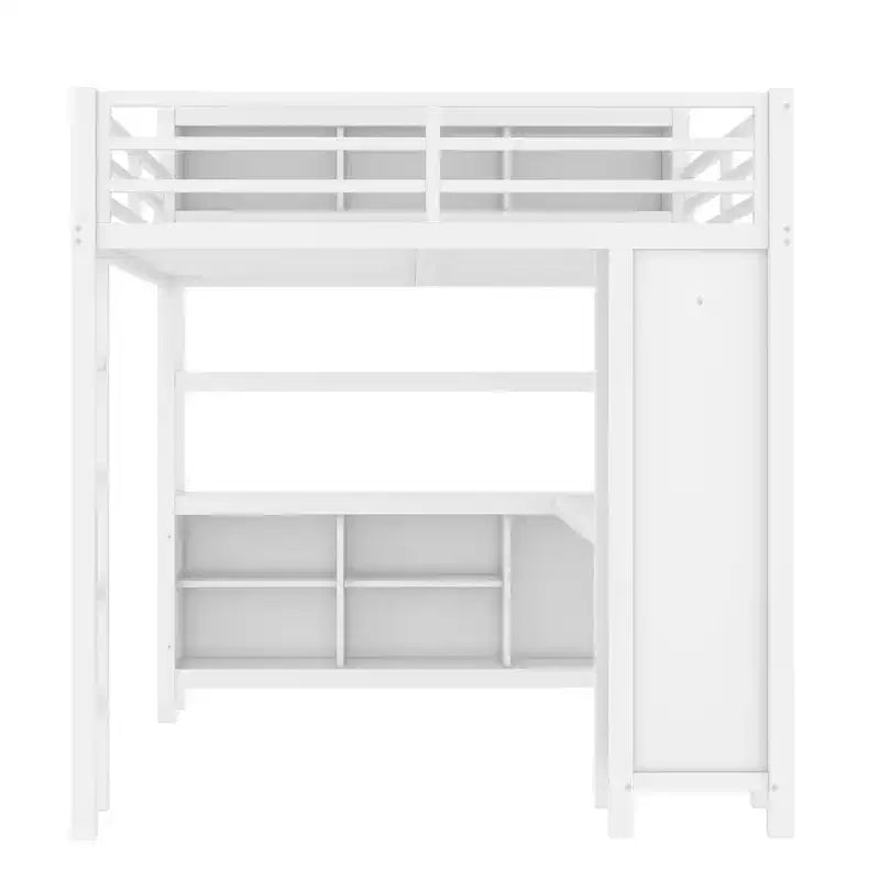 Lit mezzanine en métal double/grand format avec armoire et bureau en L, lit mezzanine robuste avec casiers de rangement et étagères, blanc/noir - ModernLuxe