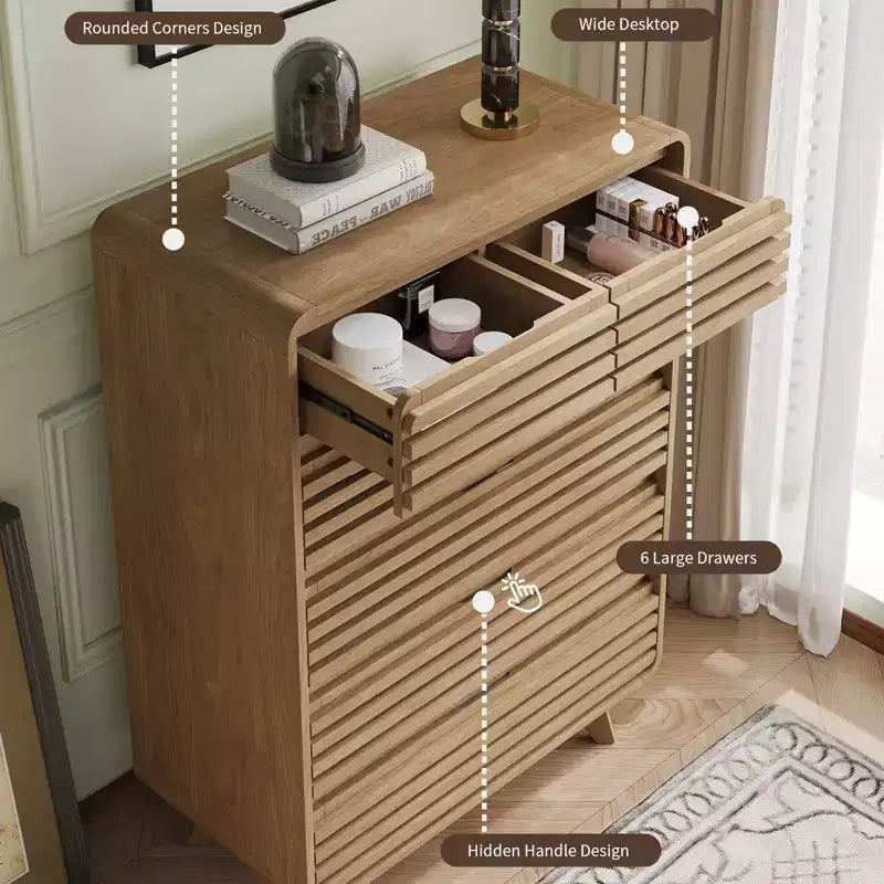 Commode haute SOLACE FURNITURE à 6 tiroirs, commodes avec grille et design incurvé