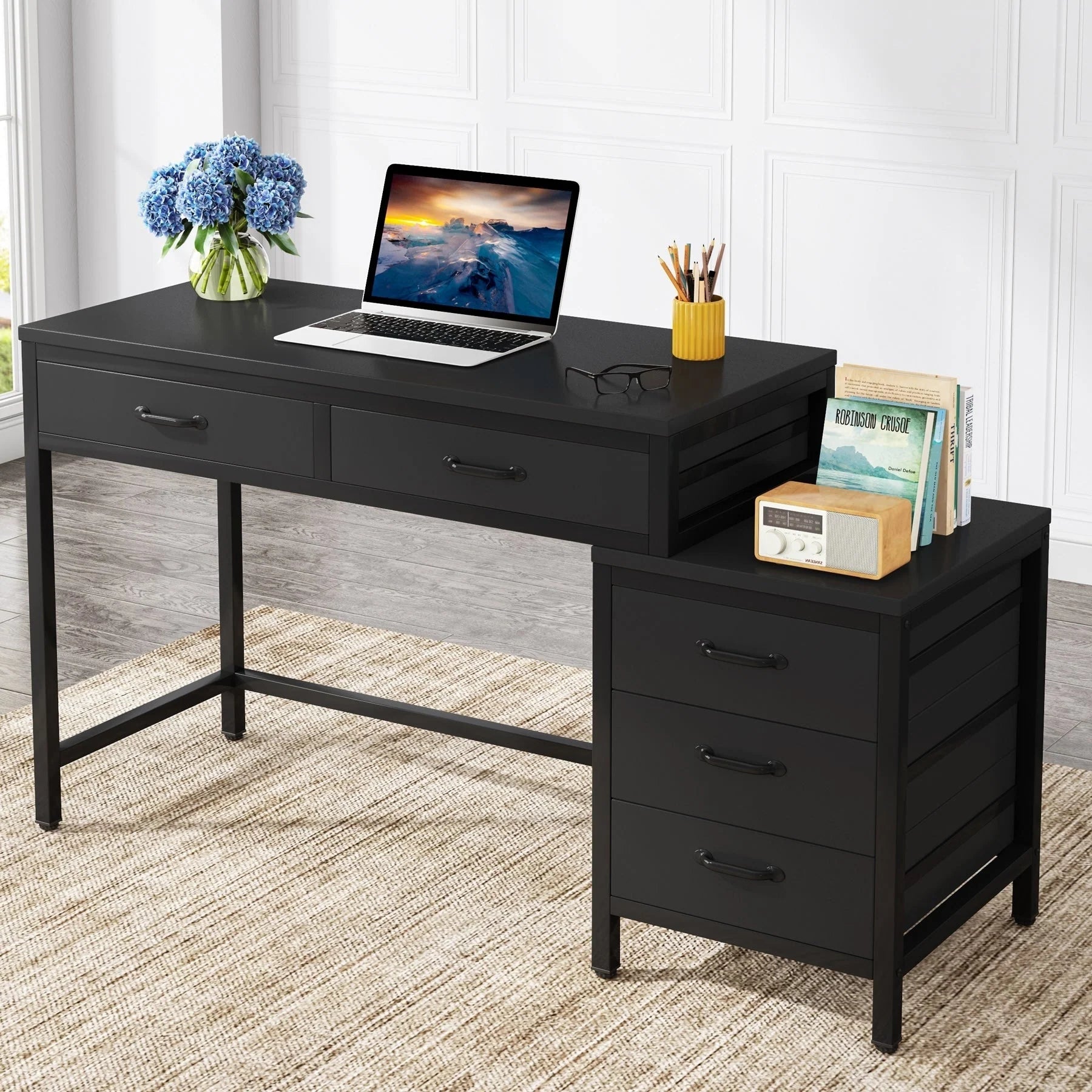 Bureau réversible avec 5 tiroirs, Bureau d'ordinateur de maison avec tiroir classeur et support d'imprimante