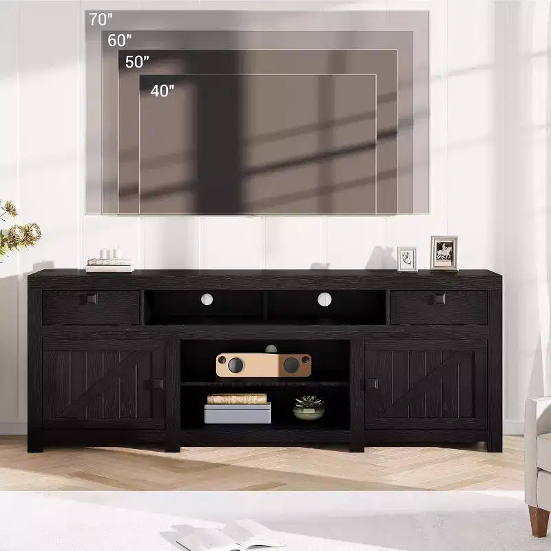 Meuble TV de Ferme pour Téléviseur Jusqu'à 80 Pouces, Long Meuble Télé avec 4 Tiroirs de Rangement et 3 Étagères Ouvertes pour Salon, Chambre - Noir