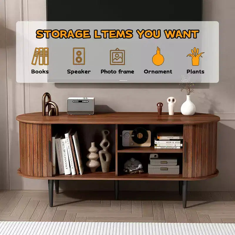 JVNOXK 55 Table de Console TV Moderne avec Compartiment de Rangement et Porte Coulissante - Meuble TV-Hifi Noyer pour Salon, Chambre, Bureau