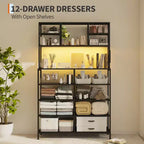 Commode de chambre, commode en tissu à 12 tiroirs, étagères ouvertes, plateau en bois et cadre en métal pour chambre à coucher, couloir ou salon