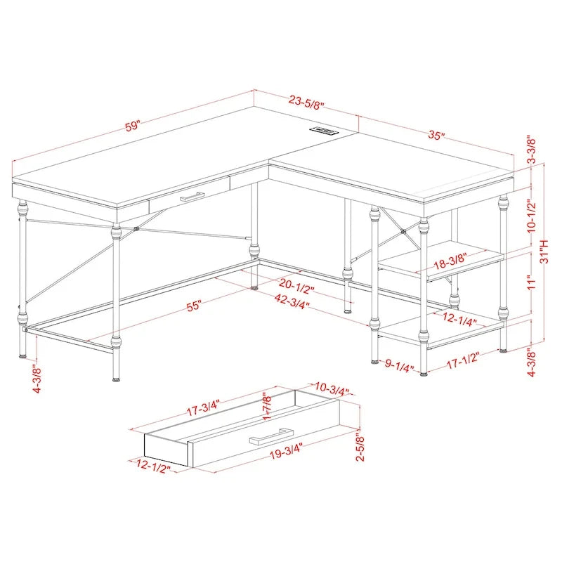 Bureau d'ordinateur d'angle en métal de 59 pouces Haley Farmhouse avec ports USB par Furniture of America