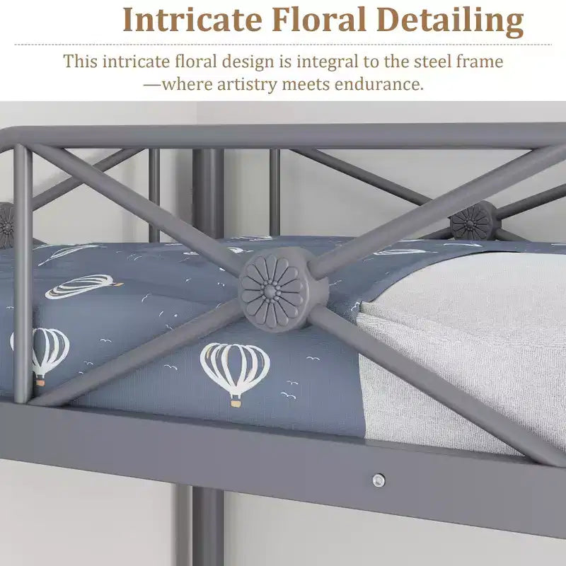 Cadre de lit mezzanine double en métal Acekool avec barrières de sécurité, lit mezzanine robuste en acier pour enfants ou adolescents, conception peu encombrante avec espace sous le lit