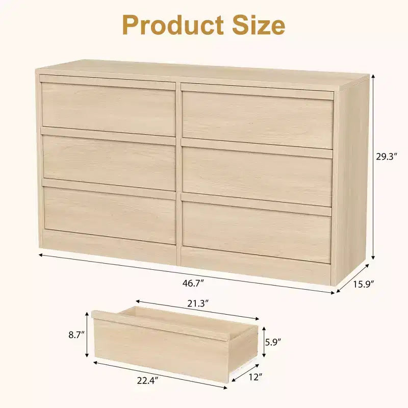 Commode 6 tiroirs CuisinSmart pour chambre à coucher, double commode de rangement naturelle avec poignées concaves, commode moderne, bois naturel