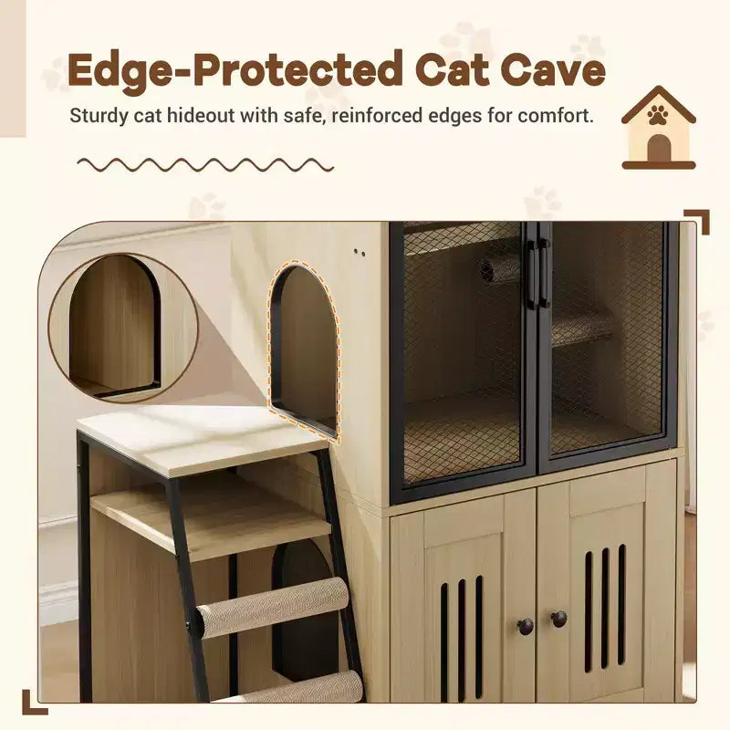 Meuble de litière pour chat GustomWave, armoire double cachée 2 en 1 avec bac à litière fermé et échelle, meuble pour chat en bois