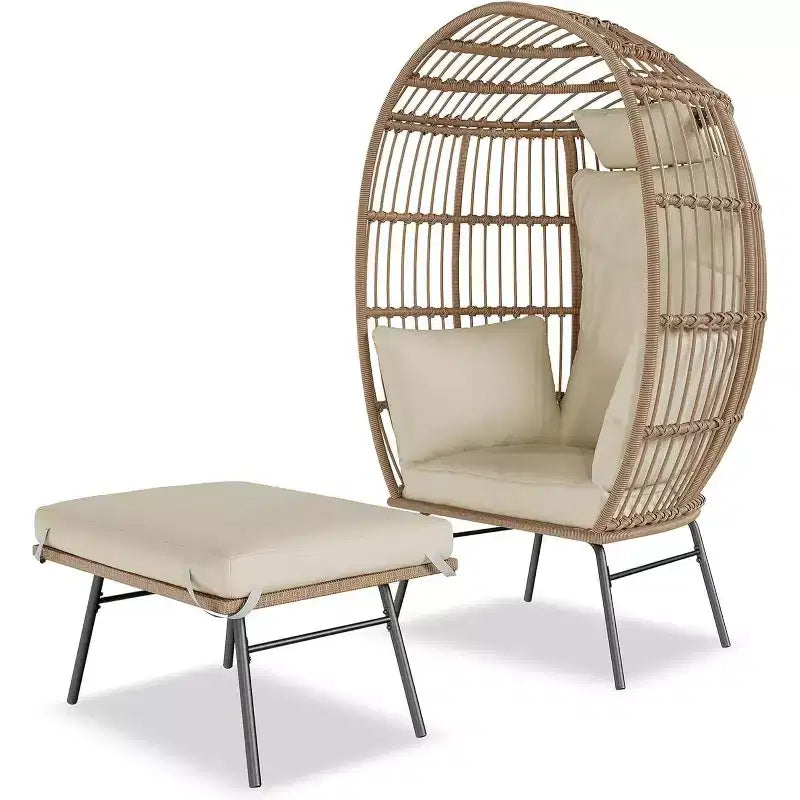 Fauteuil œuf surdimensionné Acekool avec ottoman, chaise longue de patio en rotin PE avec coussins, siège intérieur et extérieur pour jardin et salon