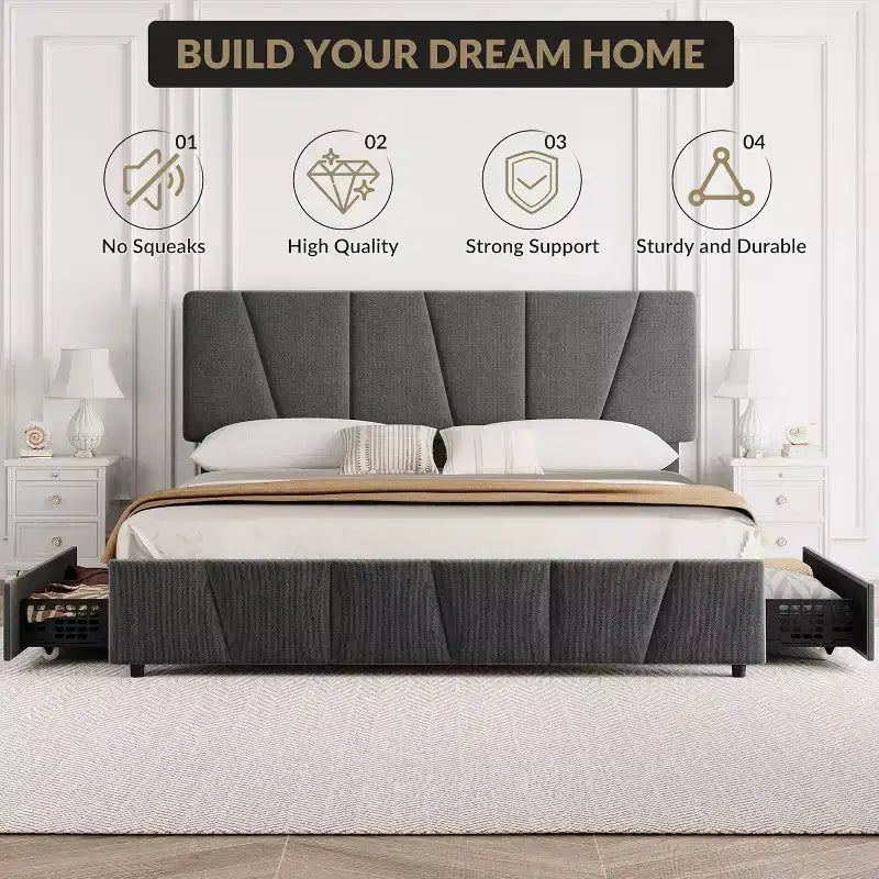Lit Queen Size avec tête de lit réglable et 4 tiroirs de rangement, cadre de lit plateforme rembourré doux avec support à lattes en bois