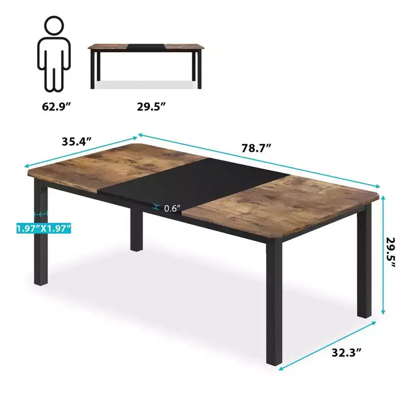 Table de salle à manger industrielle pour 6 à 8 personnes, table de cuisine en bois de 200 cm de long avec cadre en métal robuste et finition marron rustique - 6 places, comptoir rectangulaire