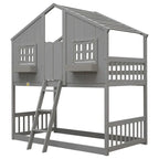 Lit superposé cabane jumeau sur jumeau avec toit, fenêtre, jardinière, porte, barrières de sécurité et échelle, gris