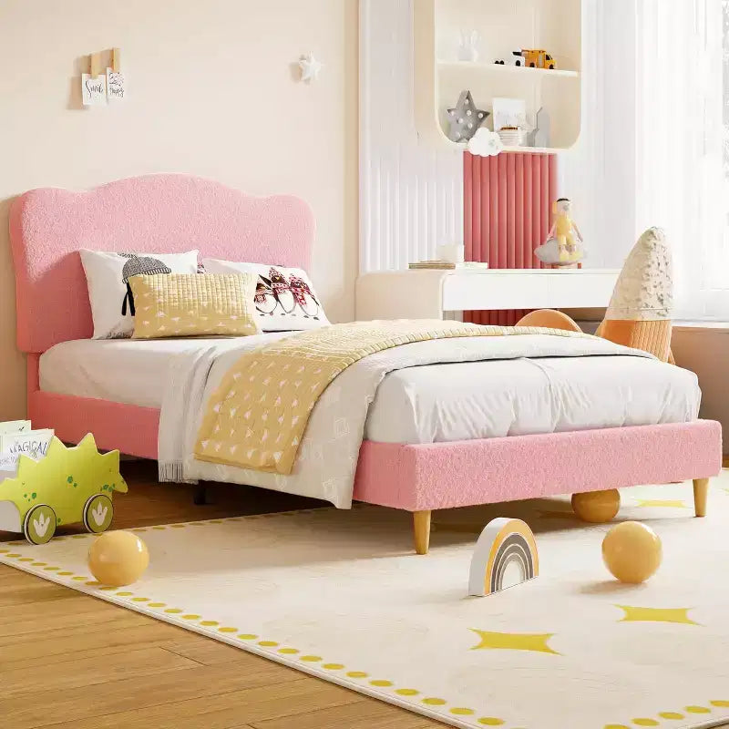 Lit plateforme capitonné jumeau GustoWave avec tête de lit coquillage pour enfants - Rose, pas besoin de sommier tapissier