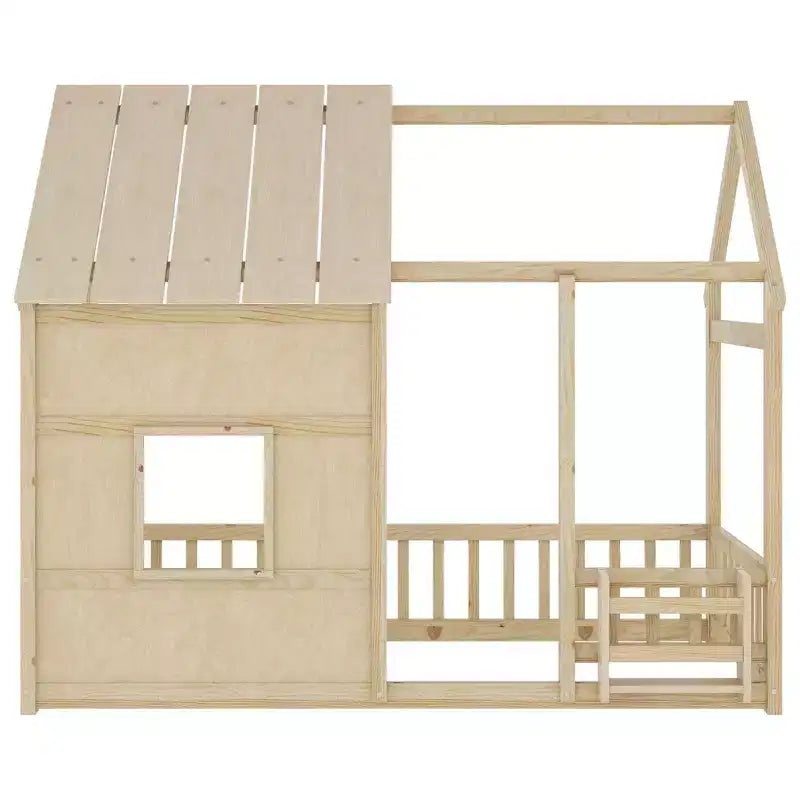 Cadre de lit au sol Whisen Twin Size, lit en forme de maison avec toit, clôture