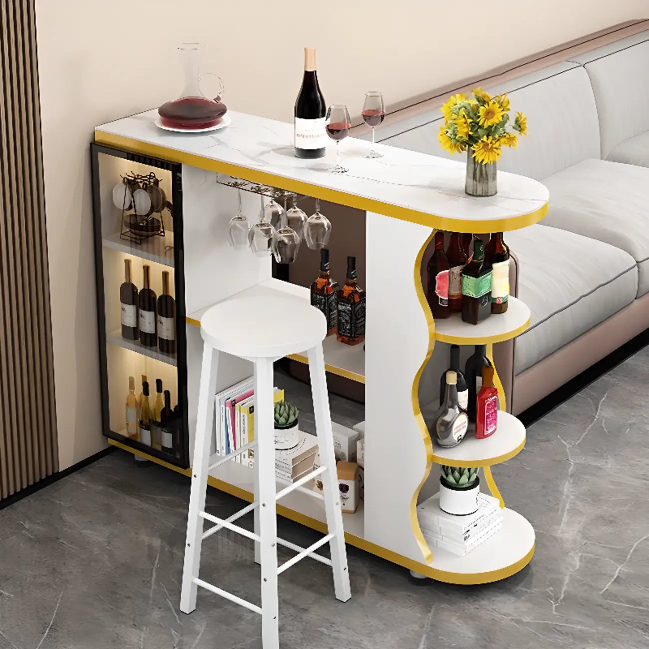 Table de bar contemporaine en pierre à plateau libre avec rangement pour bars à domicile