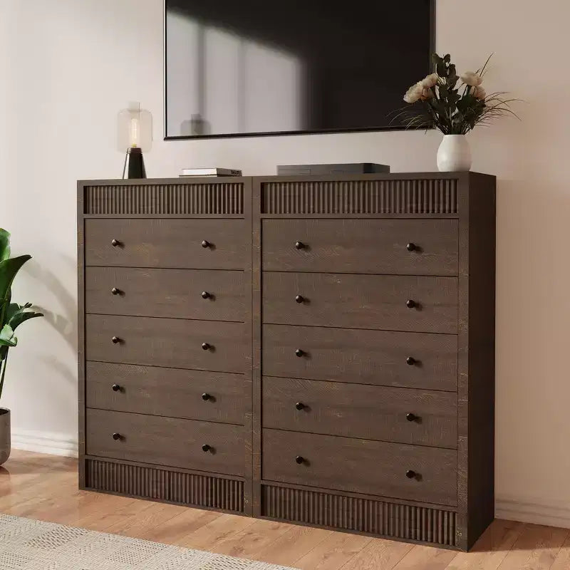 Coolmee Commode Haute 5 Tiroirs pour Chambre, Commode Cannelée de 80 cm de Large, Armoire de Rangement en Bois Moderne pour Chambre d'Enfant, Couloir, Salon