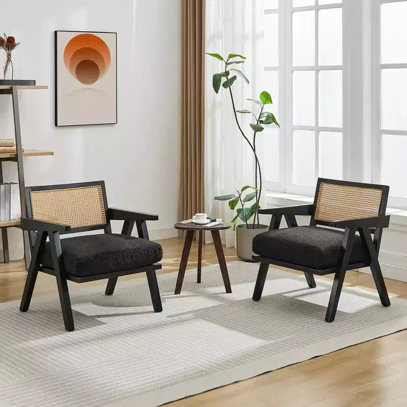 Fauteuil d'appoint de ferme du milieu du siècle - Fauteuil en bois avec dossier en rotin et coussin en lin pour salon, chambre