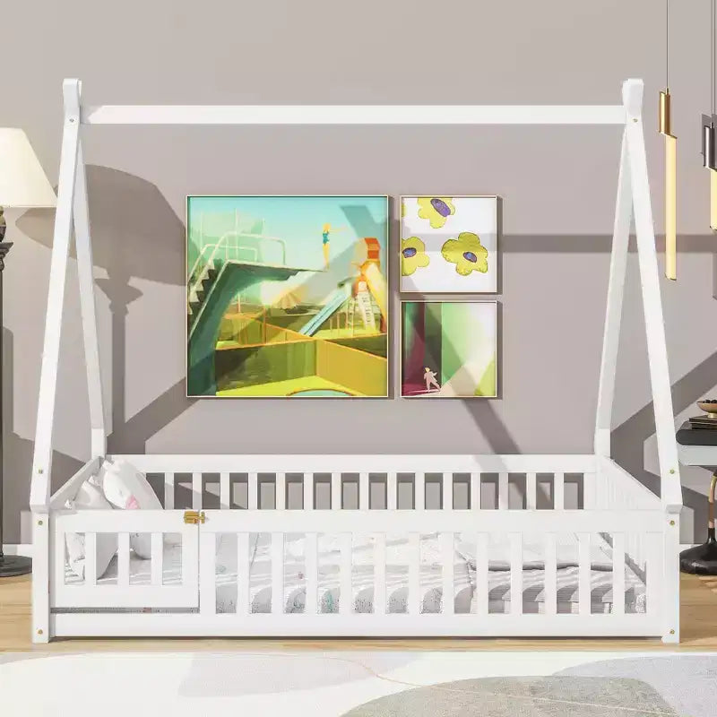Okak Lit au sol simple/double avec toit amovible en forme de tente et rails de sécurité à 360° pour les tout-petits de 2 à 6 ans, lit pour enfants facile à monter, chambre d'enfant