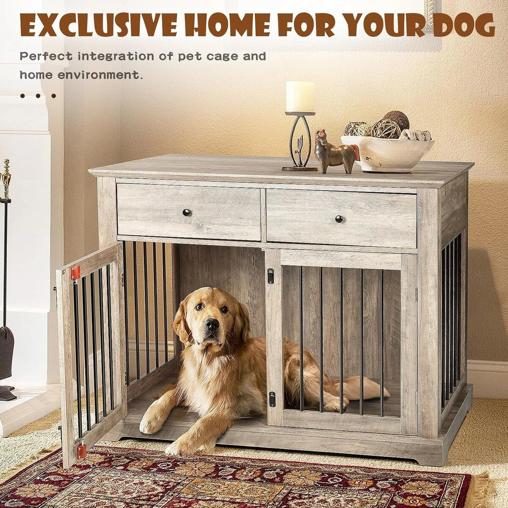 BOSSIN Cage pour Grand Chien de 112 cm, Meuble de Chenil en Bois avec Tiroirs de Rangement, Niche Décorative pour Animaux de Compagnie