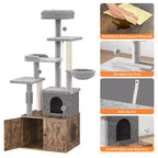 Arbre à chat et tour d'activité moderne 2-en-1 avec cache-litière, meuble pour chat tout-en-un, maison en bois avec espace litière caché pour chaton, avec hamac et poteaux à griffer