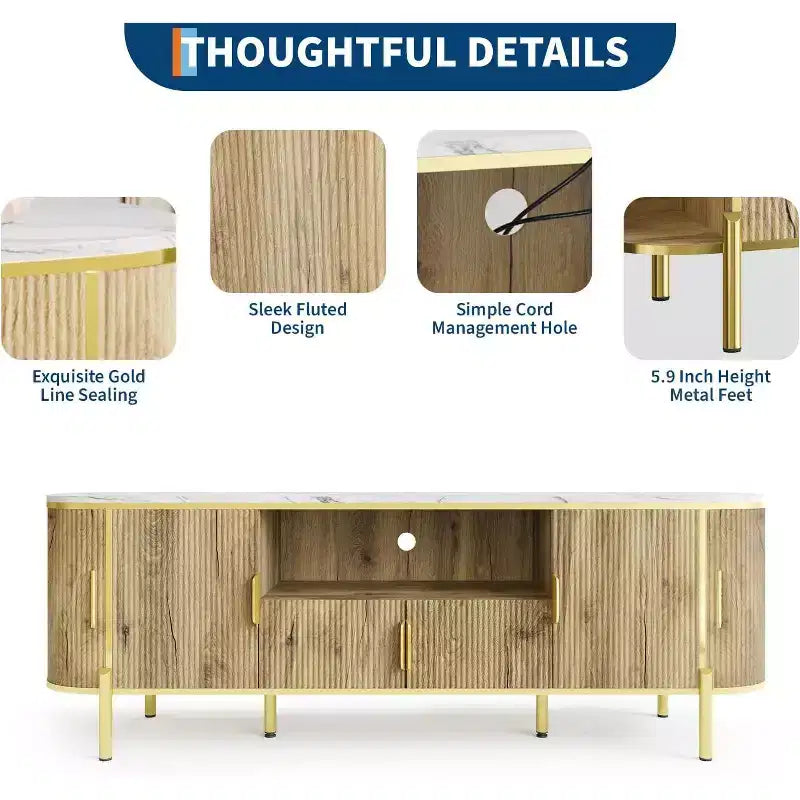 Meuble TV cannelé COZONY de 178 cm pour téléviseurs jusqu'à 80 pouces, console multimédia avec plateau en faux marbre et portes coulissantes