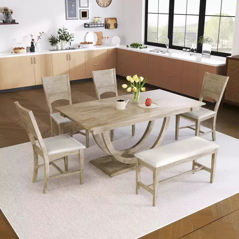 Ensemble de salle à manger 6 pièces GDFStudio Timo en bois d'hévéa avec table de salle à manger demi-ronde, banc et 4 chaises