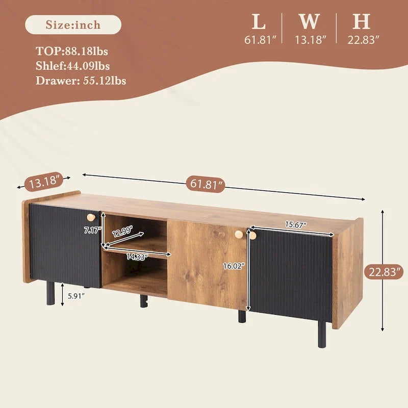 Meuble TV Mid-Century avec 3 armoires, console multimédia pour téléviseurs jusqu'à 70 pouces, centre de divertissement avec rangement