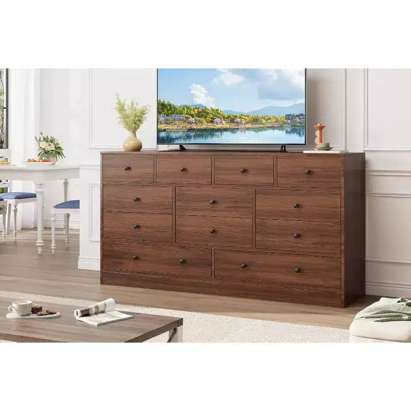Acekool Commode 12 Tiroirs avec Prises de Courant, Meuble de Rangement en Bois pour Chambre, Salon, Couloir, 155 cm