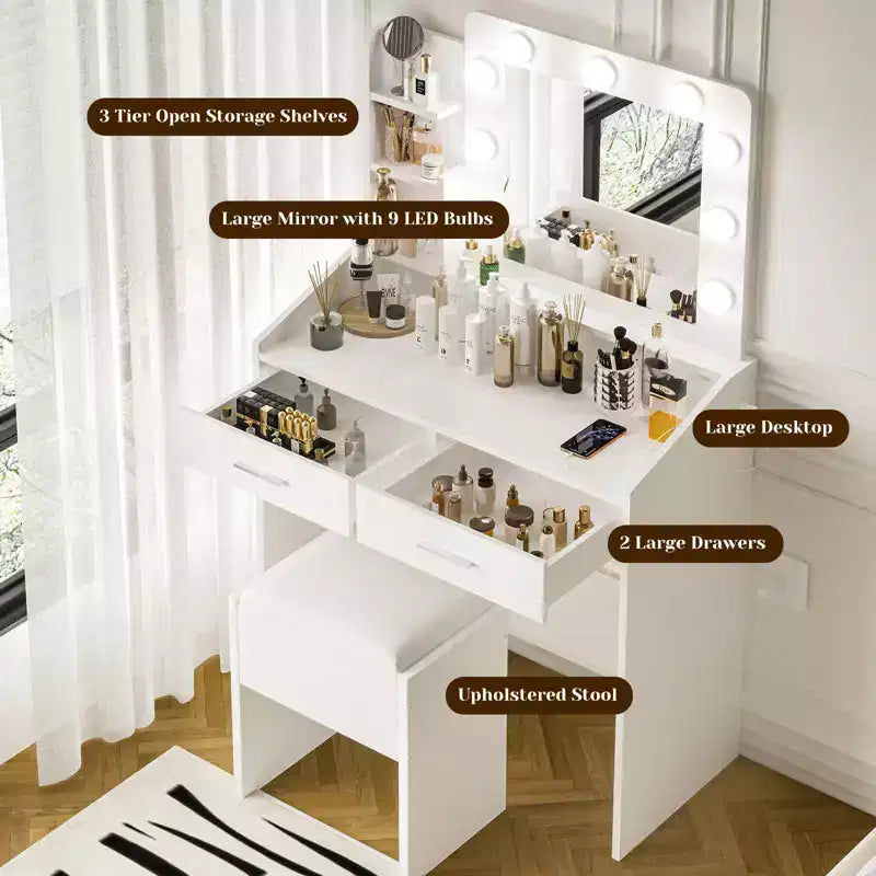 Coiffeuse de Maquillage avec Lumières, Bureau de Maquillage avec Miroir et Lumières, Grand Tiroir et Armoire de Rangement à Deux Étages, 3 Modes d'Éclairage