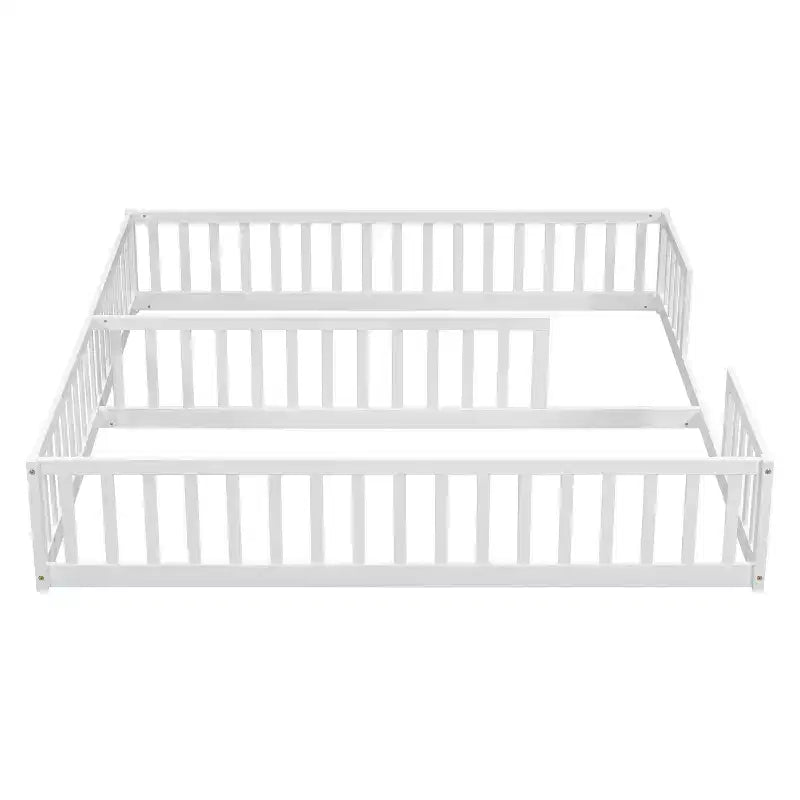 Lit double superposé avec barrière de sécurité, lit plateforme en bois avec clôture pour 2 enfants