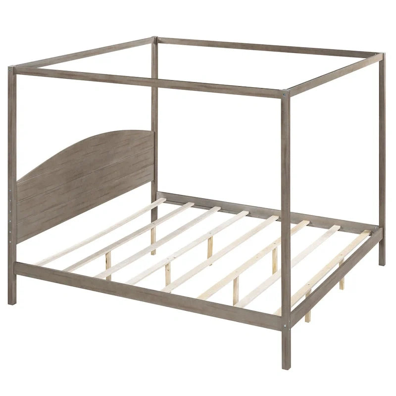Lit plateforme à baldaquin King Size en pin avec tête de lit classique en bois, cadre de lit rembourré, aucun sommier tapissier requis, montage facile