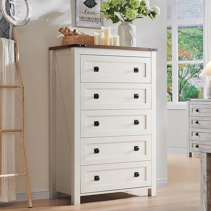 Commode en bois de style campagnard, 5 tiroirs, 122 cm de hauteur, pour chambre à coucher