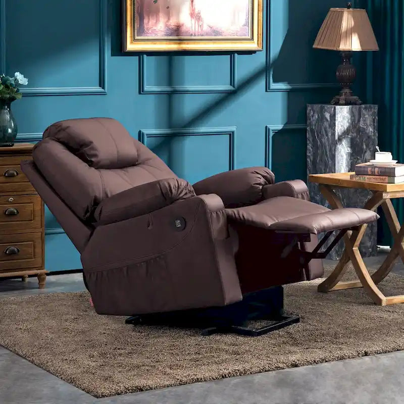 Fauteuil inclinable électrique grand format en cuir MCombo avec massage, chauffage, porte-gobelets, repose-pieds étendu, cuir 7516