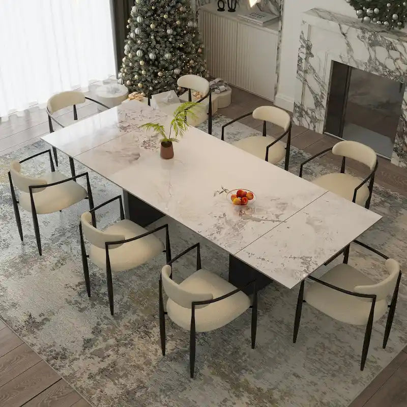 Ensemble de salle à manger extensible moderne et minimaliste 9 pièces 94.48 avec plateau en pierre frittée et double piédestal, avec 8 chaises en tissu