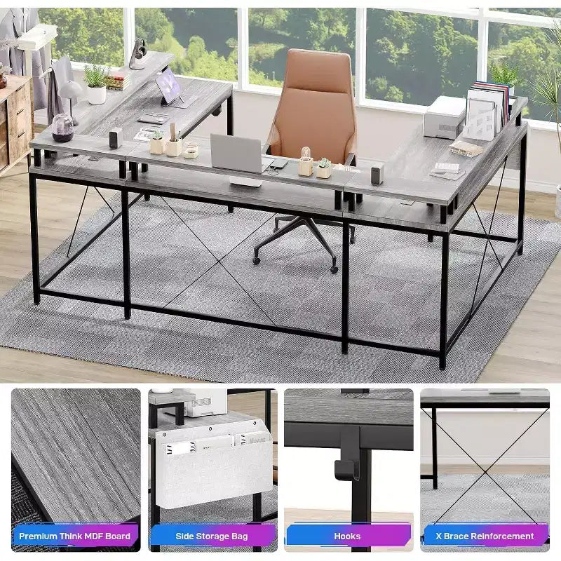 Bureau d'angle en U de 200 cm pour gamer, bureau d'ordinateur réversible en forme de L avec prises de courant, lumières LED, support d'écran et étagères de rangement