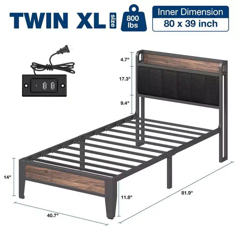 Lusimo Cadre de lit Twin XL, Lit plateforme rembourré avec tête de lit de rangement et station de charge