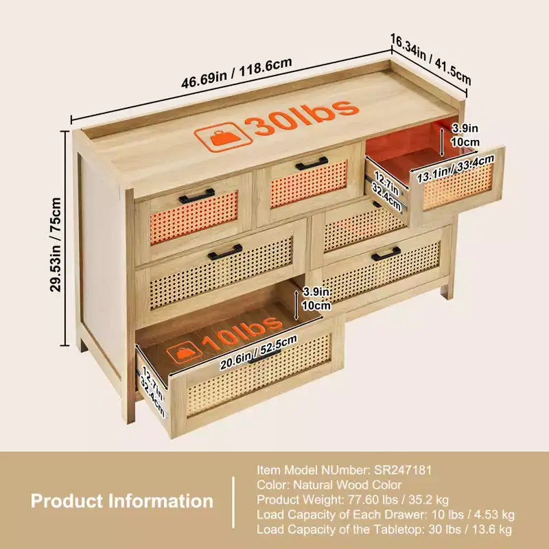 Commode 7 tiroirs en rotin VEVOR, commodes en bois de rotin naturel avec lumière LED, organisateur de vêtements et rangement de poitrine en bois moderne, commode bohème, couleur bois