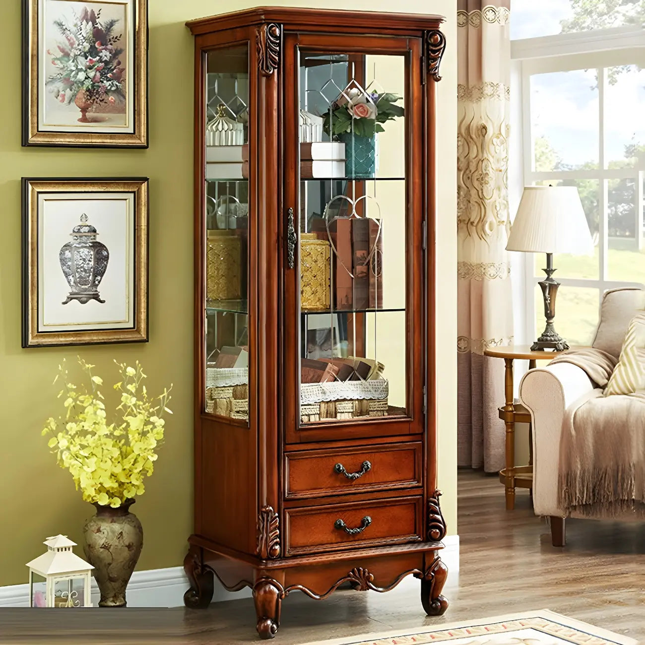 Vitrine en bois marron traditionnel avec portes vitrées
