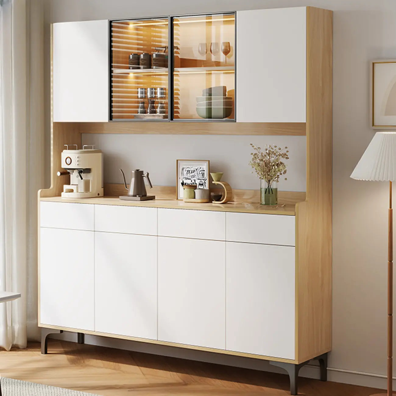 Buffet vaisselier en bois et verre avec partie haute