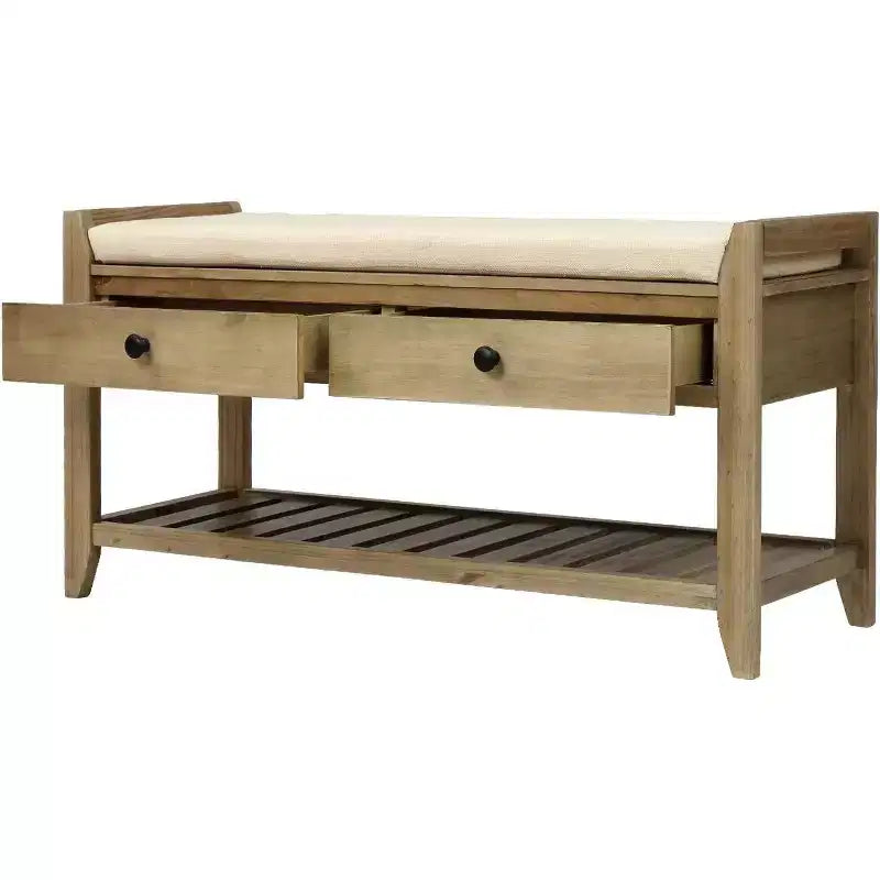 Banc de rangement de ferme Acekool 35,4" avec coussin, banc d'entrée à 2 niveaux avec étagère et 2 tiroirs pour chambre, couloir, salon, finition gris délavé