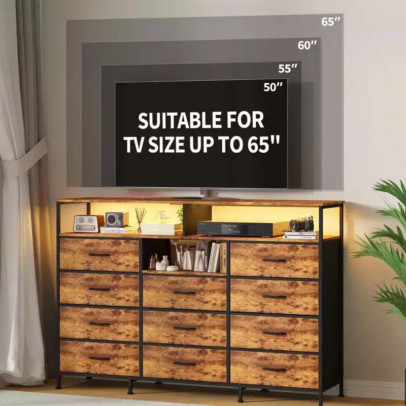 COZONY Meuble TV 55 avec commode en tissu 11 tiroirs et étagères ouvertes, organisateur de rangement pour chambre et salon