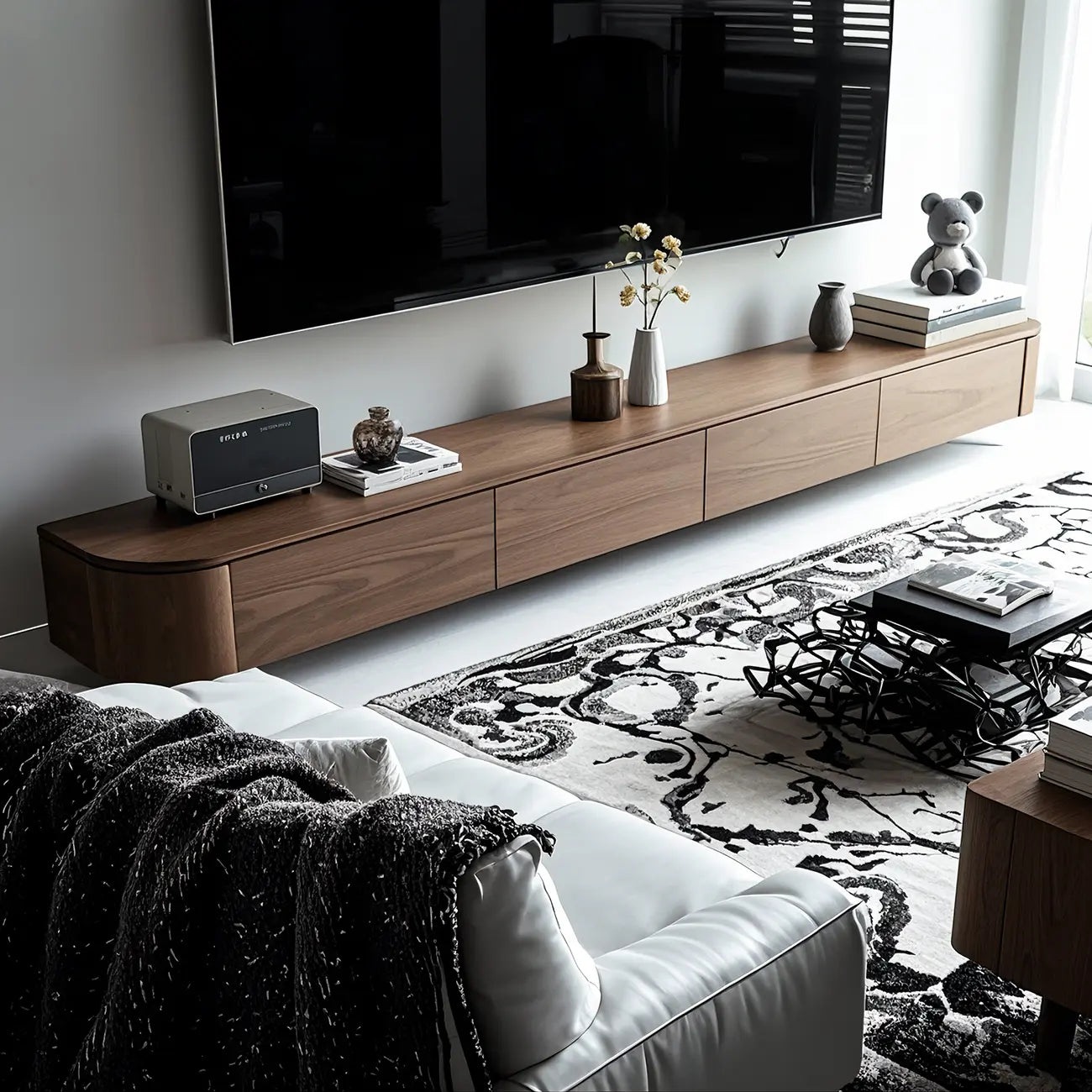 Meuble TV mural moderne marron foncé en bois avec lumière