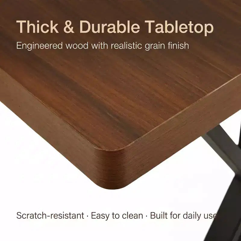 Table à manger industrielle FurnitureR avec plateau aspect bois et base métallique en forme de X, table rectangulaire de taille fixe pour salle à manger ou cuisine