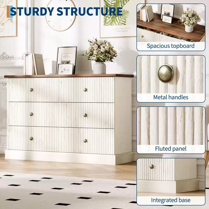 Commode à 6 tiroirs cannelés pour chambre à coucher, commode horizontale en bois avec poignées en métal, organiseur de rangement moderne pour chambre à coucher, salon