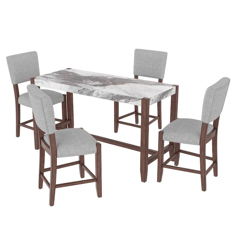 Ensemble de salle à manger 5 pièces à hauteur de comptoir, table de bar en faux marbre et 4 chaises rembourrées