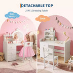 Coiffeuse de princesse en bois blanc avec miroir LED tactile 3 couleurs et chaise, tiroirs de rangement et étagères pour chambre de petites filles