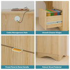 Bureau d'angle Bestier de 140 cm avec tiroirs, bureau d'ordinateur de bureau avec coins arrondis, support d'écran et panneaux cannelés, blanc et noyer