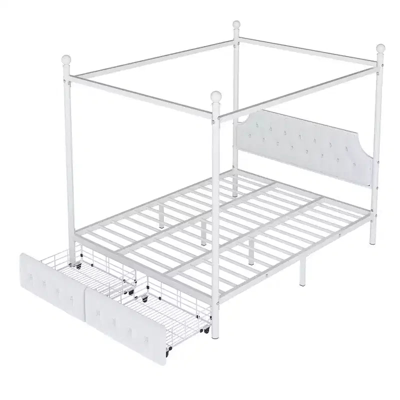 Lit plate-forme à baldaquin moderne en métal taille Queen Luxystar avec tête de lit rembourrée et 2 tiroirs, blanc