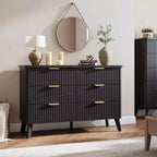 Commode 6 tiroirs pour chambre à coucher, commode de 120 cm de large avec profil incurvé, tiroirs en bois cannelé, commode moderne pour salon