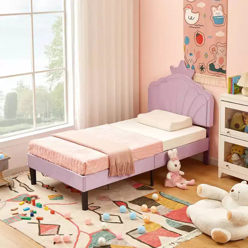 Cadre de lit enfant capitonné VECELO en forme de couronne, lit plateforme en bois avec tête de lit réglable, pas besoin de sommier tapissier